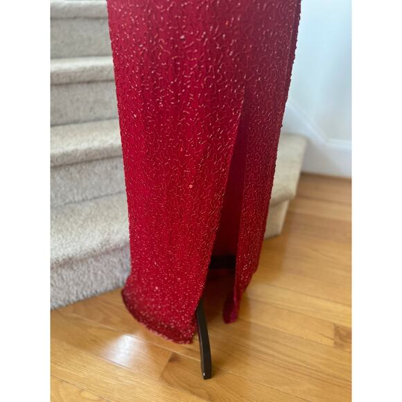 Vintage Y2K Cache Silk Red Beaded Backless Maxi Slit Gown - Picture 6 of 12